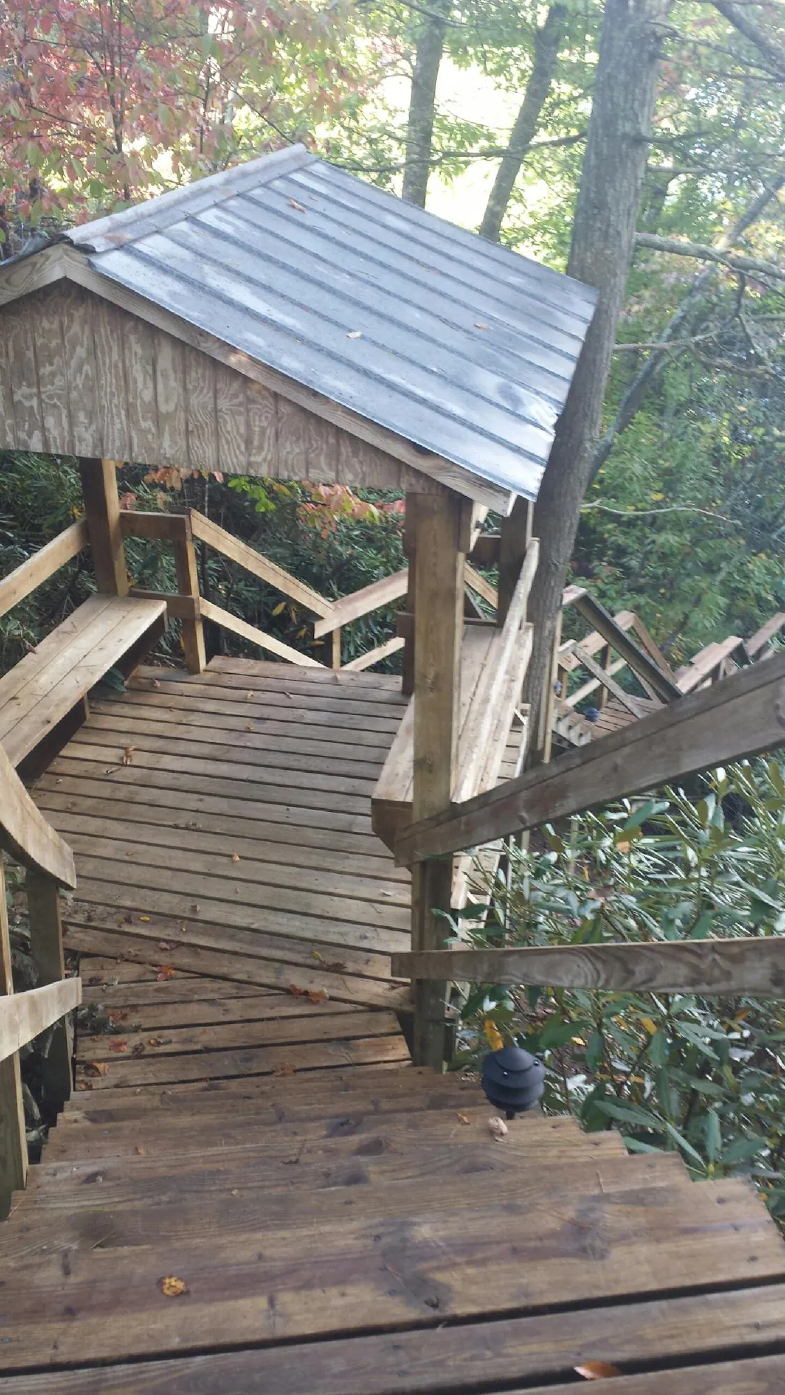 Metal roofed shelter over wooden steps on a wooded walkway — Skylight Repair & Installation work by our crew in Latta